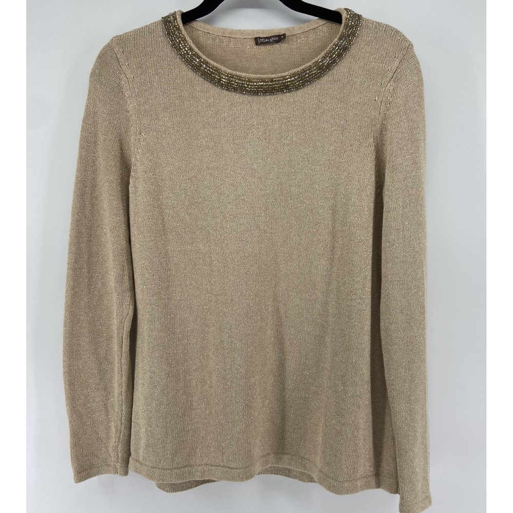 J McLaughlin Sweater Womens Gold Metallic Beaded Holiday Classic Pullover Jumper